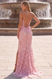 Strapless Sequins Pink Appliqued Mermaid Long Prom Dress with Slit