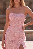 Strapless Sequins Pink Appliqued Mermaid Long Prom Dress with Slit