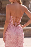 Strapless Sequins Pink Appliqued Mermaid Long Prom Dress with Slit