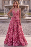 Pink A-Line Appliqued Long Prom Dress
