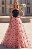 A-Line Strapless Beaded Corset Black and Pink Polka Dot Long Prom Dress