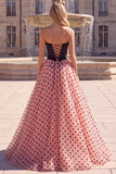 A-Line Strapless Beaded Corset Black and Pink Polka Dot Long Prom Dress