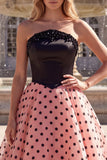 A-Line Strapless Beaded Corset Black and Pink Polka Dot Long Prom Dress
