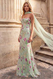 Strapless Mermaid Floral Sparkly Light Green Maxi Prom Dress