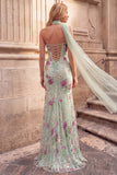 Strapless Mermaid Floral Sparkly Light Green Maxi Prom Dress