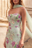 Strapless Mermaid Floral Sparkly Light Green Maxi Prom Dress