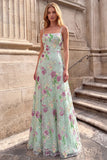 Floral Sequins Light Green A Line Spaghetti Straps Maxi Prom Dress