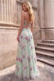 Floral Sequins Light Green A Line Spaghetti Straps Maxi Prom Dress