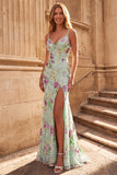 Mermaid Floral Sparkly V-Neck Light Green Maxi Prom Dress