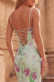Mermaid Floral Sparkly V-Neck Light Green Maxi Prom Dress