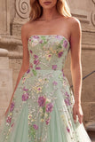 Strapless Floral A Line Sequins Light Green Tulle Maxi Prom Dress