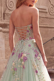 Strapless Floral A Line Sequins Light Green Tulle Maxi Prom Dress