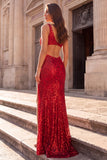 Mermaid V-Neck Red Sequins Cut Out Maxi Prom Dress