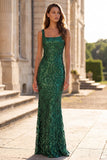 Sequins Mermaid Dark Green Square Neck Maxi Prom Dress