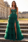 Strapless Corset A Line Dark Green Sequins Tiered Maxi Prom Dress