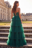 Strapless Corset A Line Dark Green Sequins Tiered Maxi Prom Dress