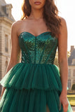 Strapless Corset A Line Dark Green Sequins Tiered Maxi Prom Dress