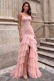 Mermaid Pink Corest Tiered Ruffled Ruched Maxi Prom Dress