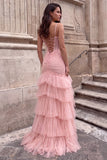 Mermaid Pink Corest Tiered Ruffled Ruched Maxi Prom Dress