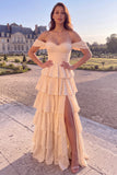 Off The Shoulder A Line Tiered Champagne Polka Dot Maxi Prom Dress