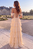 Off The Shoulder A Line Tiered Champagne Polka Dot Maxi Prom Dress