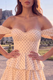 Off The Shoulder A Line Tiered Champagne Polka Dot Maxi Prom Dress