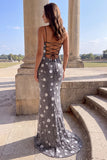 Mermaid Sparkly Black Silver Maxi Prom Dress With 3D Flowers