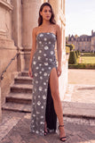 Black Silver Sparkly Strapless Sheath Maxi Prom Dress With 3D Flowers