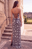 Black Silver Sparkly Strapless Sheath Maxi Prom Dress With 3D Flowers