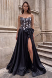 Black Strapless Corset A Line Sparkly Appliqued Maxi Prom Dress