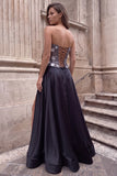 Black Strapless Corset A Line Sparkly Appliqued Maxi Prom Dress