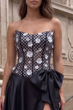 Black Strapless Corset A Line Sparkly Appliqued Maxi Prom Dress