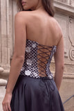 Black Strapless Corset A Line Sparkly Appliqued Maxi Prom Dress