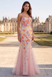 Pink Strapless Mermaid Floral Maxi Prom Dress With Pearls