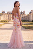 Pink Strapless Mermaid Floral Maxi Prom Dress With Pearls