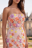 Pink Strapless Mermaid Floral Maxi Prom Dress With Pearls