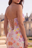 Pink Strapless Mermaid Floral Maxi Prom Dress With Pearls