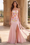 Mermaid Floral Pink Strapless Beaded Maxi Prom Dress With Streamer