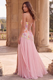 Mermaid Floral Pink Strapless Beaded Maxi Prom Dress With Streamer