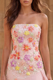 Mermaid Floral Pink Strapless Beaded Maxi Prom Dress With Streamer