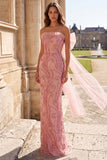 Pink Sparkly Strapless Sheath Maxi Prom Dress With Bow