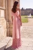 Pink Sparkly Strapless Sheath Maxi Prom Dress With Bow