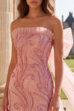 Pink Sparkly Strapless Sheath Maxi Prom Dress With Bow