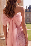 Pink Sparkly Strapless Sheath Maxi Prom Dress With Bow