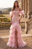 Off The Shoulder Pink Floral Sequins Mermaid Tiered Maxi Prom Dress