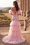 Off The Shoulder Pink Floral Sequins Mermaid Tiered Maxi Prom Dress