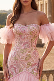 Off The Shoulder Pink Floral Sequins Mermaid Tiered Maxi Prom Dress