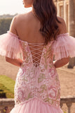 Off The Shoulder Pink Floral Sequins Mermaid Tiered Maxi Prom Dress