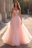 Pink Strapless Floral Sequins A Line Maxi Prom Dress