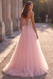 Pink Strapless Floral Sequins A Line Maxi Prom Dress